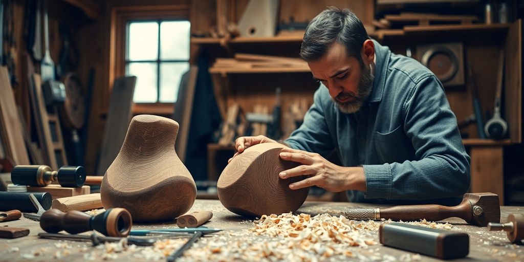 Woodworker creating a unique piece with tools and shavings.