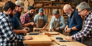 Woodworkers collaborating in a workshop with projects around them.