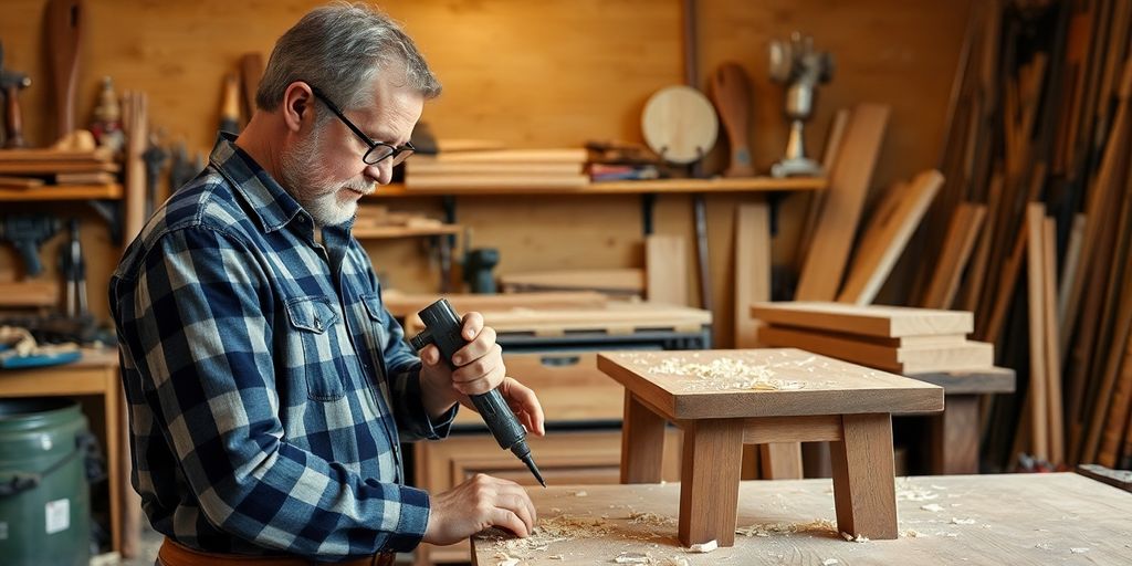 Woodworker crafting furniture in a busy workshop.