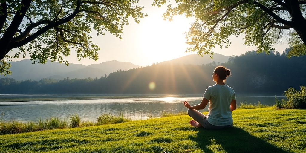 Person meditating in nature, symbolizing work-life balance.