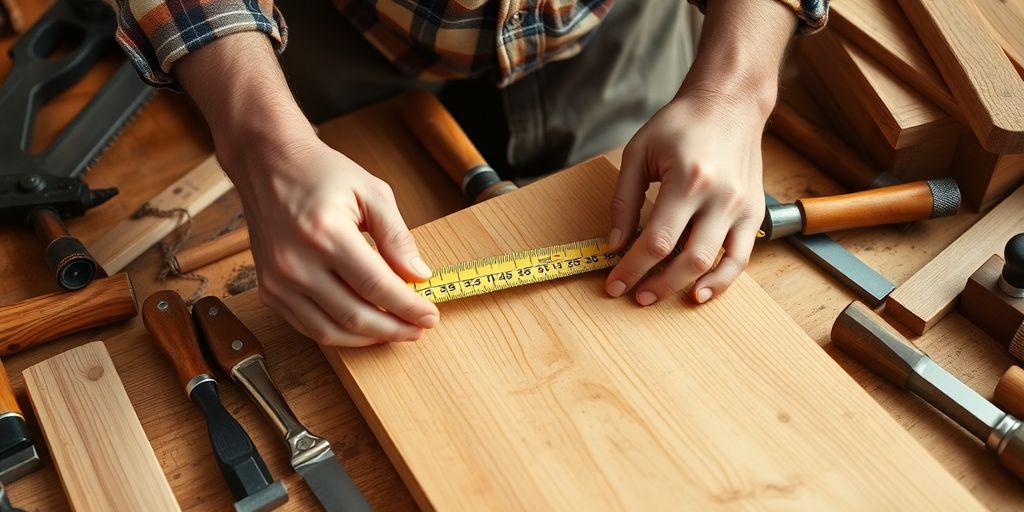 Woodworker measuring wood with tools on a workbench.