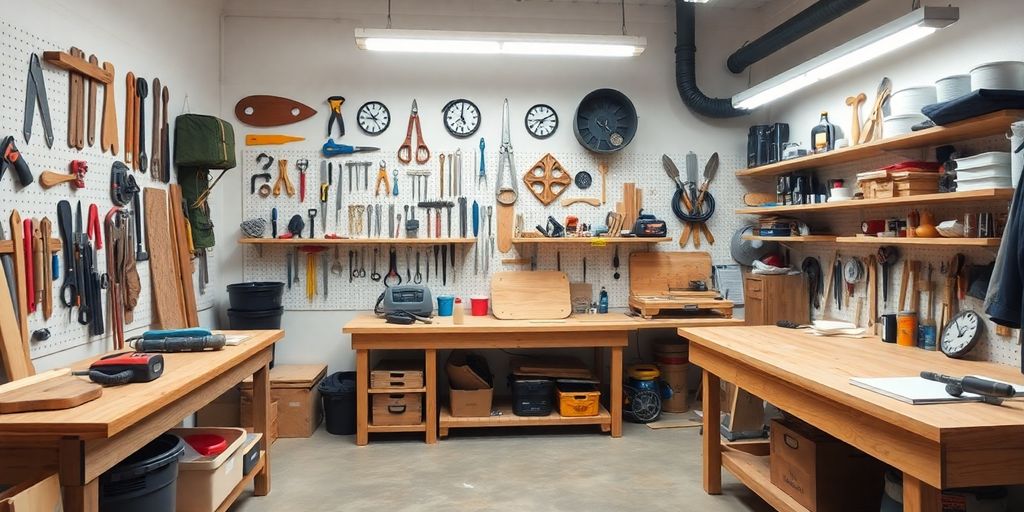 A bright and organized workshop space with tools.